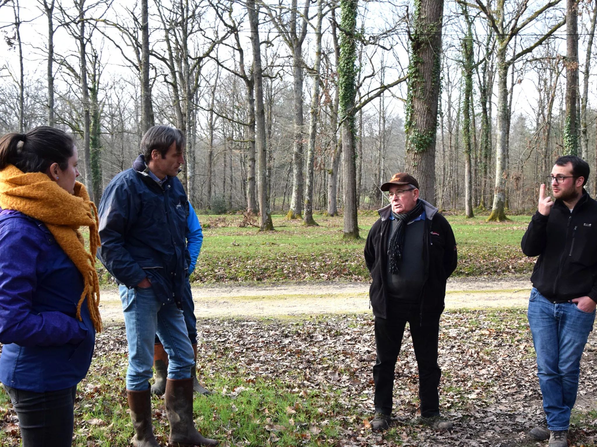 Discussion à proximité d'un chantier d'abatage d'une parcelle en reconversion