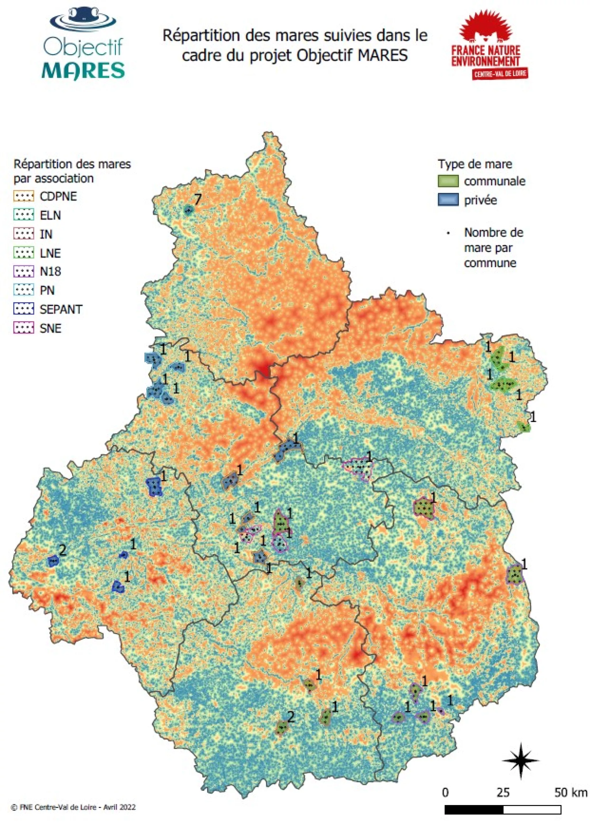 Localisation des mares suivies dans le cadre du programme Objectif MARES en 2022